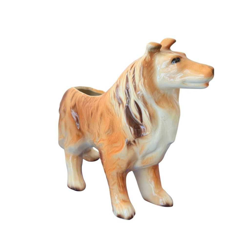 Vintage Collie Dog Ceramic Planter Large Lassie Style Tan White Glazed Figurine - Picture 4 of 11